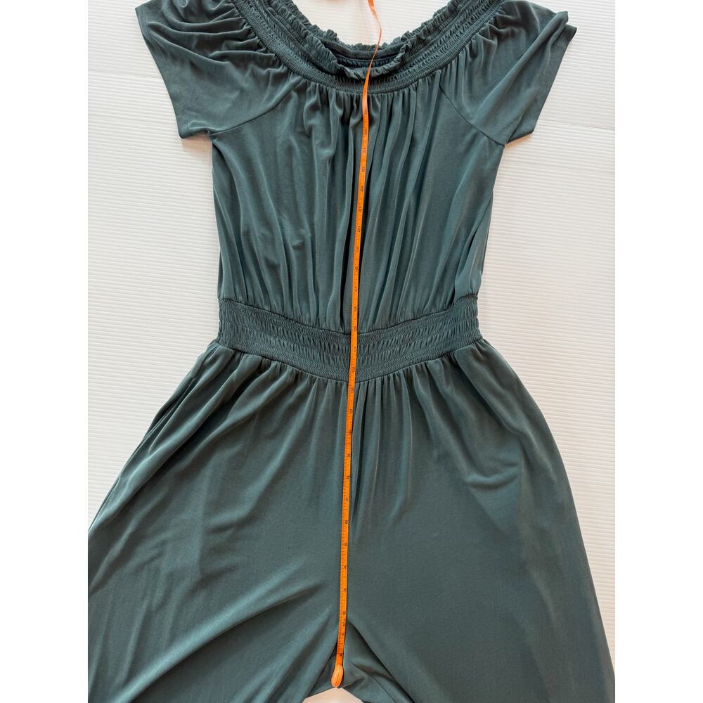 Anthropologie Rebecca Smocked Wide Leg Jumpsuit Teal Women’s Medium Off Shoulder - Picture 11 of 16
